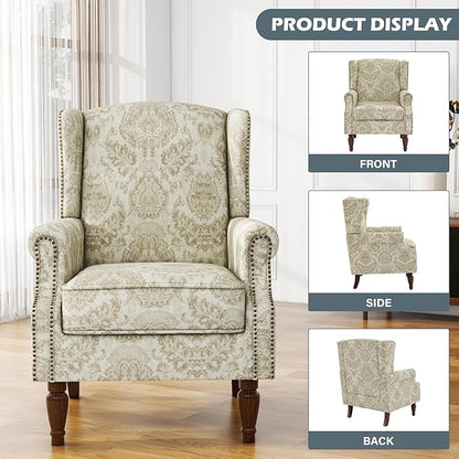 UIXE High Back Floral Accent Chair, Upholstered Armchair in Fabric for Living Room, Retro Wingback Arm Chair Comfy Single Sofa Bedroom Reading Seat with Solid Wood Legs, White