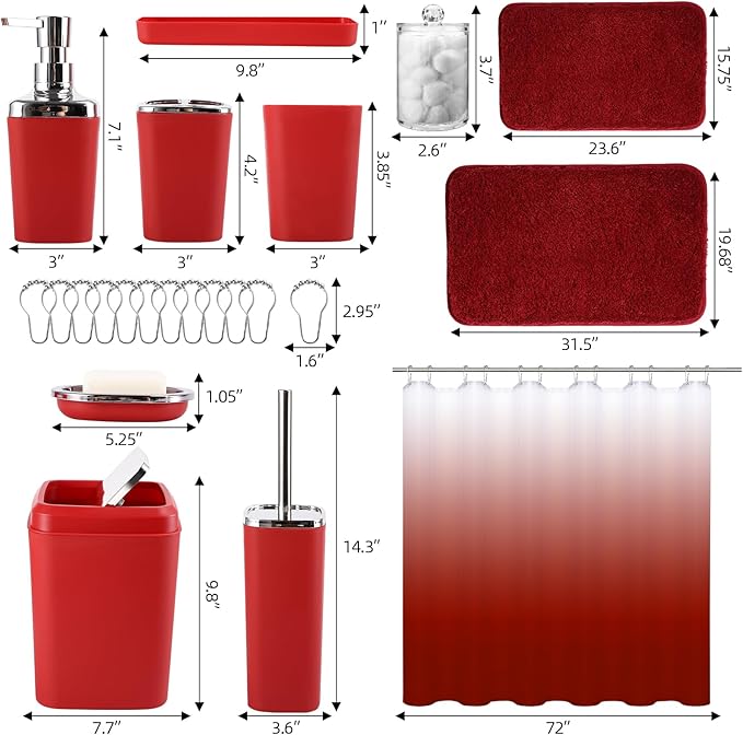 Burgundy Bathroom Accessories Set with Shower Curtain and Rugs, Dark Red Bathroom Accessories with Trash Can,Toothbrush Holder and Cup,Soap Dispenser,Tray,Soap Dish,Toilet Brush,Qtip Holders