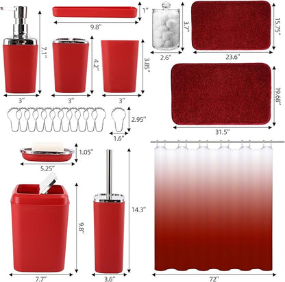 Burgundy Bathroom Accessories Set with Shower Curtain and Rugs, Dark Red Bathroom Accessories with Trash Can,Toothbrush Holder and Cup,Soap Dispenser,Tray,Soap Dish,Toilet Brush,Qtip Holders