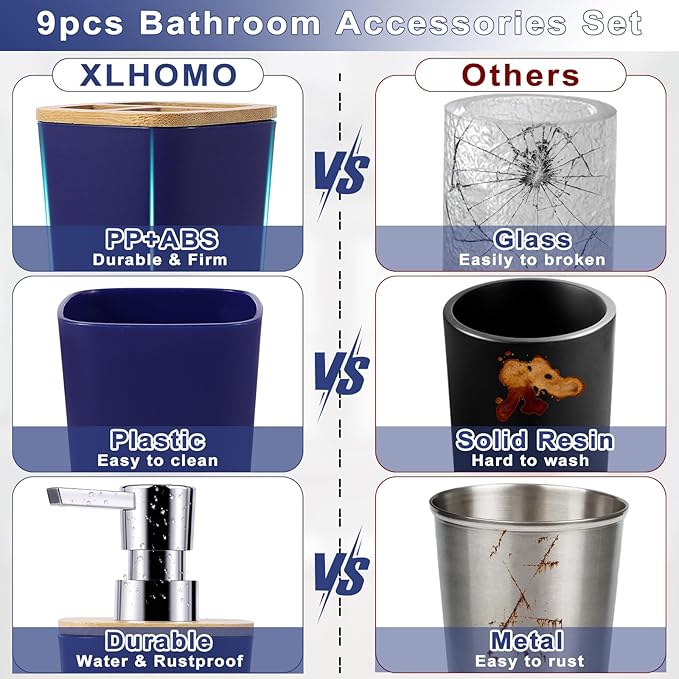 Bathroom Accessories Set, 9 Piece Navy Blue Bathroom Accessory Set with Trash Can,Toothbrush Holder,Toothbrush Cup,Lotion Soap Dispenser,Vanity Tray,Soap Dish,Toilet Brush,Qtip Holder