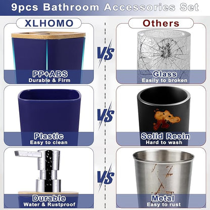 Bathroom Accessories Set, 9 Piece Navy Blue Bathroom Accessory Set with Trash Can,Toothbrush Holder,Toothbrush Cup,Lotion Soap Dispenser,Vanity Tray,Soap Dish,Toilet Brush,Qtip Holder