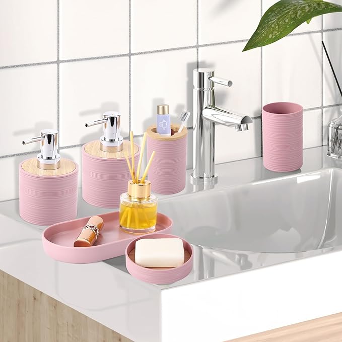 Pink Bathroom Accessories Set, Bathroom Sets with Shower Curtain, Bath Towel Set, Pink Shower Curtain Set with Bathroom Trash Can, Soap Dispenser, Soap Dish for Home Decor