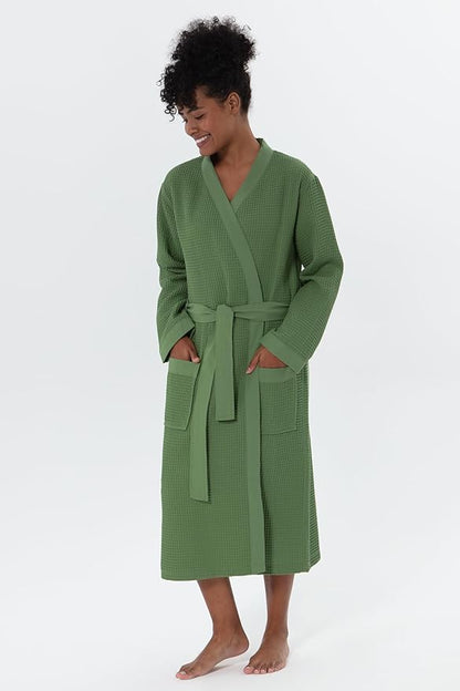 Women’s Luxury Waffle Shawl Collar, Hooded Robe w Piping – Lightweight, Long, Ultra Soft Spa Sleepwear Bathrobe