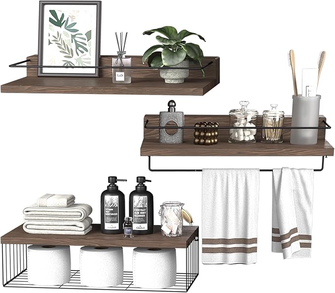 22.5 inches Bathroom Shelves Over Toilet for Wall, Floating Shelves with Storage Basket Paper Holer for Kitchen Living Room, Bedroom & Classroom, Set of 3 (Dark Brown)