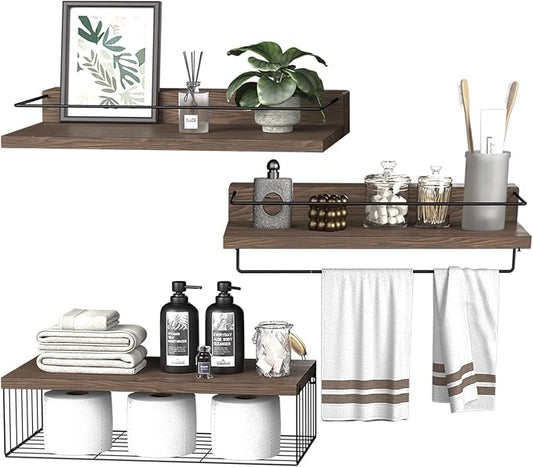 22.5 inches Bathroom Shelves Over Toilet for Wall, Floating Shelves with Storage Basket Paper Holer for Kitchen Living Room, Bedroom & Classroom, Set of 3 (Dark Brown)