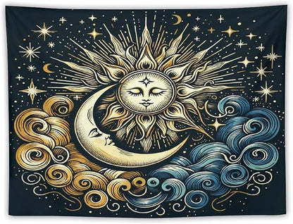 HZOHNAGO Sun Moon Tapestry Boho Golden Stars Pattern Printed Wall Tapestry Wall Hanging for Bedroom Living Room Dorm 40" W x 30" H
