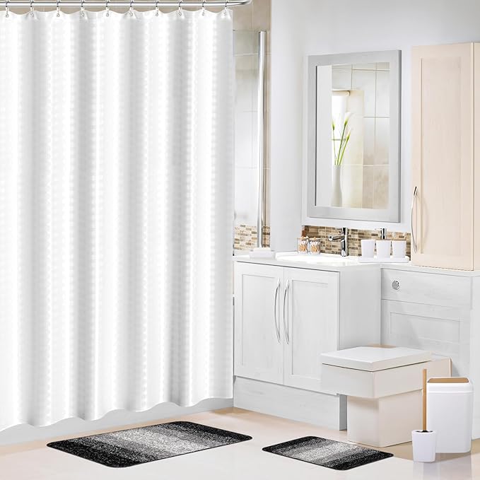 White Bathroom Sets Accessories with Waffle Shower Curtain and Bath Mats,Bathroom Sets with Trash Can,Toothbrush Holder,Toothbrush Cup,Soap Dispense,Tray,Soap Dish,Toilet Brush,Qtip Holder