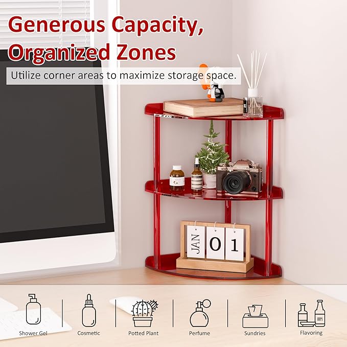3 Tier Acrylic Corner Shelf Organizer Storage 9.5x9.5x15.7 Inch, Red Countertop Corner Shelf for Bathroom, Kitchen, Bedroom, Office, Study Room