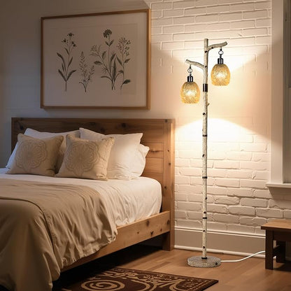Scenekoy Retro 68.5” Tall Floor Lamp With Carving Shade, Farmhouse Resin Standing Lamp & Faux Birch Tree Finish, Dimmable Corner Lamp Stand Up Light with Bulb Prefer for Living Room Bedroom Home Decor