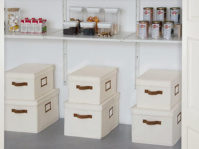 StorageWorks Storage Bins with Lids, Decorative Storage Boxes with Lid and PU Handles, Foldable Storage Baskets for Closet, Shelves, Stackable, Ivory, Jumbo, 3-Pack