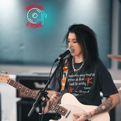 Record Store Neon Sign Music Neon Signs for Wall Decor Letter Neon Light Record Player Sign Live Music Neon Light Sign for Bar Concern Studio Decor(Red white)