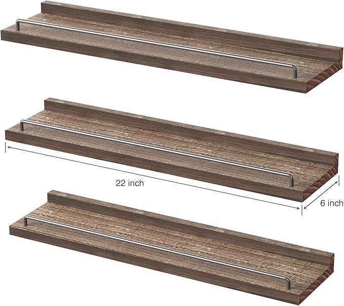22 inches Long Floating Shelves, Bathroom Decor Shelves Over Toilet, Farmhouse Wall Shelves for Living Room, Bedroom, Picture Frames, Plants, Kitchen, Set of 3 (Brown)