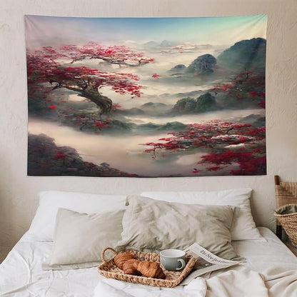 Japanese Tapestry, Red Plum Cherry Blossom Mountain Tapestry, Asian Japanese Wall Tapestry, Nature Landscape Tapestries for Bedroom Living Room Decor 90"x60"