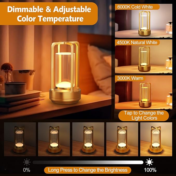 Portable Table Lamp for Outdoor Indoor: Cordless Rechargeable Desk Lamp with 3 Color Stepless Dimmable - Metal Battery Operated Small Lantern Light for Restaurant/Bedroom/Bar/Coffee Shop/Camping