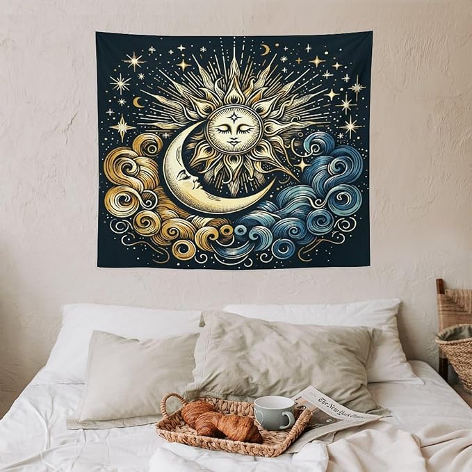 HZOHNAGO Sun Moon Tapestry Boho Golden Stars Pattern Printed Wall Tapestry Wall Hanging for Bedroom Living Room Dorm 60" W x 50" H