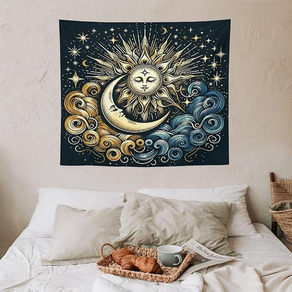 HZOHNAGO Sun Moon Tapestry Boho Golden Stars Pattern Printed Wall Tapestry Wall Hanging for Bedroom Living Room Dorm 60" W x 50" H