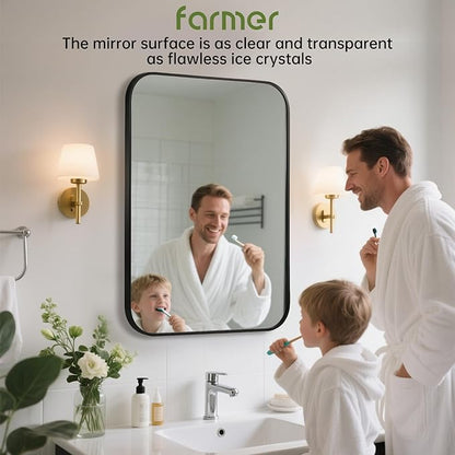 FARMER 26x38 Inch Black Bathroom Mirror, Rectangle Vanity Mirror, Brushed Mirrors for Wall, Metal Frame Hanging Mirror with Round Corner for Bedrooms, Entryways, Living Rooms, Horizontal/Vertical