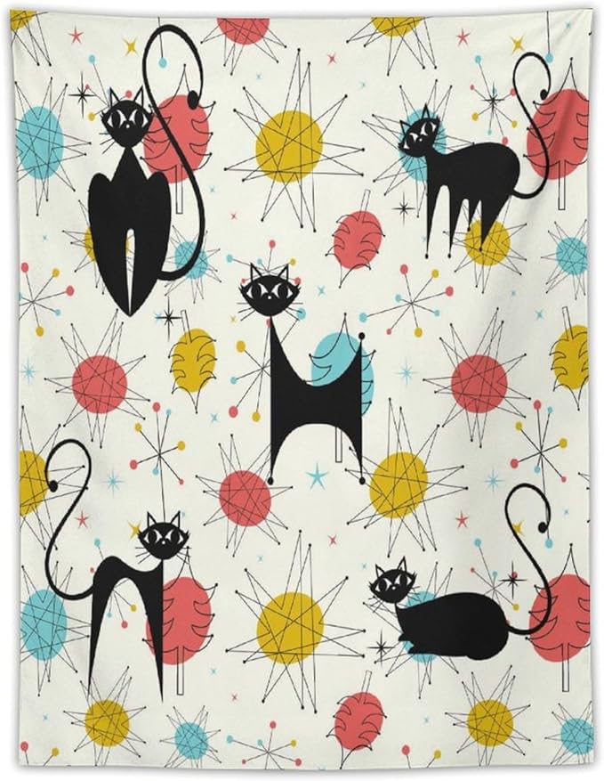 ICMOLYYENLO Abstract Cat Tapestry, Medieval Abstract Atomic Star Cat Vintage Home Wall Hanging Art Tapestry for Bedroom Living Room Dormitory 60x60 Inch