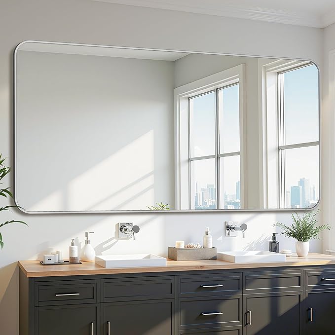 Bathroom Mirror 72" x 36", Large Rectangle Wall Mirror, Silver Metal Frame Wall Mounted Mirrors for Bathroom, Vanity, Bedroom, Entryway Decor(Horizontal/Vertical)