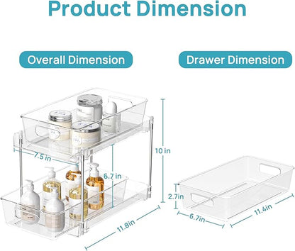 Vtopmart 2 Tier Bathroom Storage Organizer, 2 Pack Clear Under Sink Organizers Vanity Counter Container, Cabinet Drawers Bins, Pull-Out Organization with Track for Pantry, Kitchen