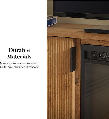 Walker Edison Arundo Reeded TV Stand with Fireplace & Storage, 70" Fireplace, English Oak