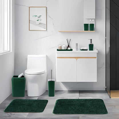 Dark Green Bathroom Accessories Set with Shower Curtain and No-Slip Bath Rugs,24PC Bath Sets with Trash Can, Toothbrush Holder, Cup, Soap Dispenser, Tray, Soap Dish, Toilet Brush, Qtip Holders