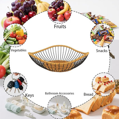 Vine Woven Iron Fruit Bowl, Metal Wire Fruit Basket, Vegetable Drain Basket, Storage Baskets for kitchen counter, countertop,Snacks, Candy, Bread,Cosmetics,Table decorative(12 x 3.7 Inches)