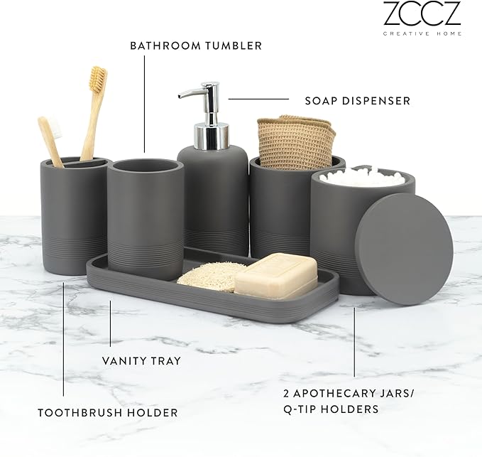 ZCCZ Gray Bathroom Accessories Set 6 Pieces - Toothbrush Holder, Lotion Dispenser, Qtip Container, Vanity Tray, Tumbler - Countertop Organizer for Bathrooms - Elegant and Functional Décor Set
