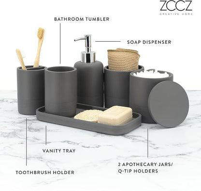 ZCCZ Gray Bathroom Accessories Set 6 Pieces - Toothbrush Holder, Lotion Dispenser, Qtip Container, Vanity Tray, Tumbler - Countertop Organizer for Bathrooms - Elegant and Functional Décor Set
