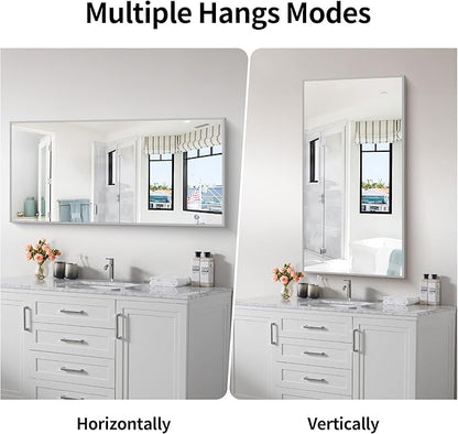 48x24In Silver Bathroom Mirror for Wall, Brushed Nickel Rectangle Mirrors with Metal Frame, Bathroom Rectangular Mirror Modern Wall Mirror for Bedroom Living Room, Hangs Horizontal or Vertical