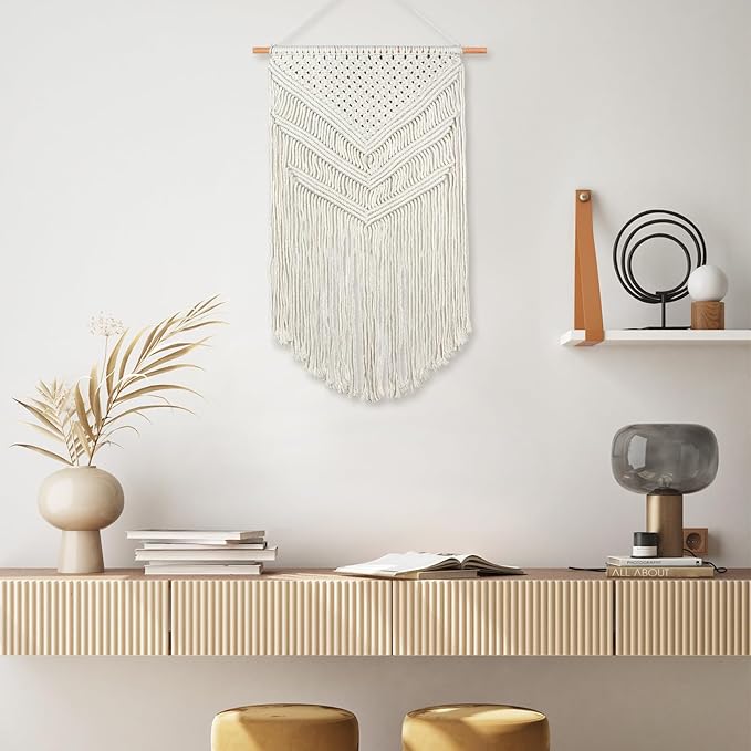 JONKASIPA Macrame Woven Wall Hanging, Bohemian Wall Decor, Handmade Woven Tapestry with Tassels, Delicate Lace Decor Crafts for Bedroom,Living Room or Farmhouse (Beige)
