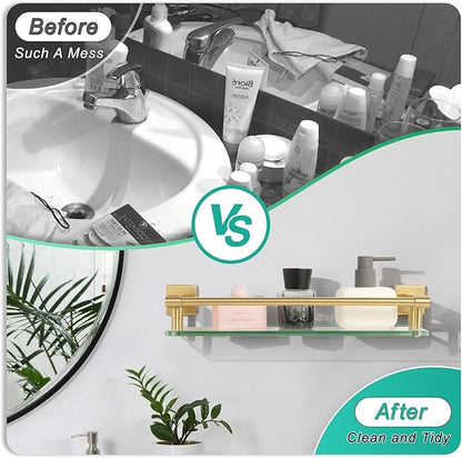 16 Inch Brusheld Gold Bathroom Glass Shelves with Stainless Steel Railing, Tempered Floating Glass Modern Decoration Bathroom Shelf Sink Over Toilet