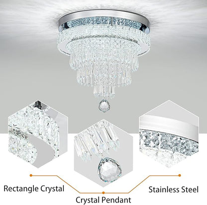 16“ Crystal Chandeliers Light Flush Mount Ceiling Light Fixtures Round Modern LED Chandelier for Living Room Bedroom Dining Room Closet Hallway (Cool White)