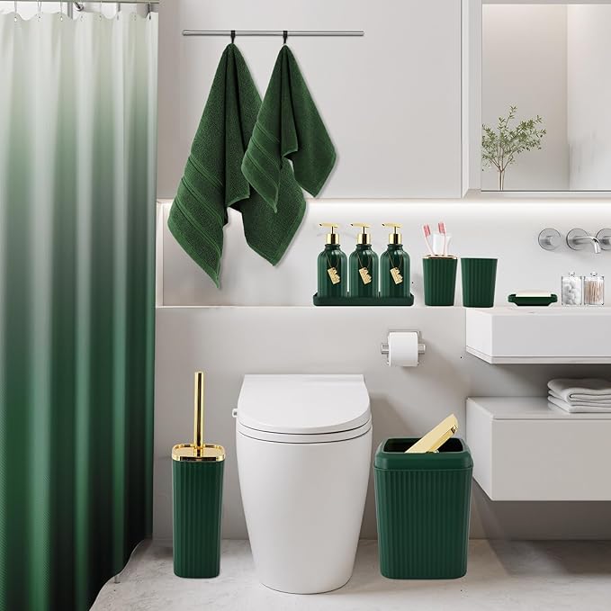 32PCS Bathroom Accessories Set Bathroom Set,Hunter Green Shower Curtain Set,Bath Towel Set,Hand Towel,Toilet Brush,Trash Can & 3PCS Soap Dispenser