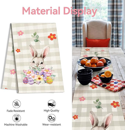 Easter Table Runner 13x72 Inch Bunny Rabbit Flowers Leaves Buffalo Plaid Eggs Seasonal Holiday Kitchen Dining Table Decoration for Indoor Kitchen Dining Home Party Decor