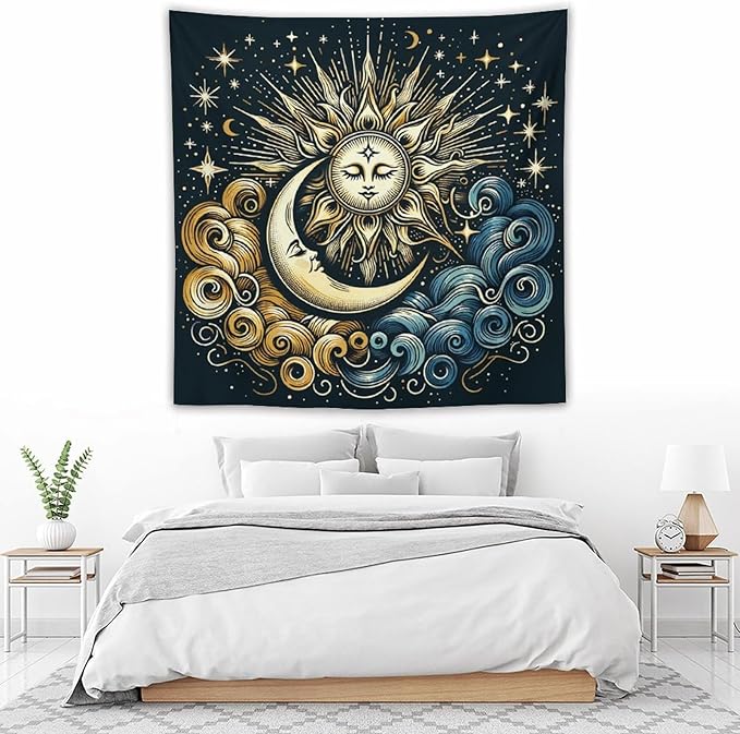 HZOHNAGO Sun Moon Tapestry Boho Golden Stars Pattern Printed Wall Tapestry Wall Hanging for Bedroom Living Room Dorm 60" W x 60" H