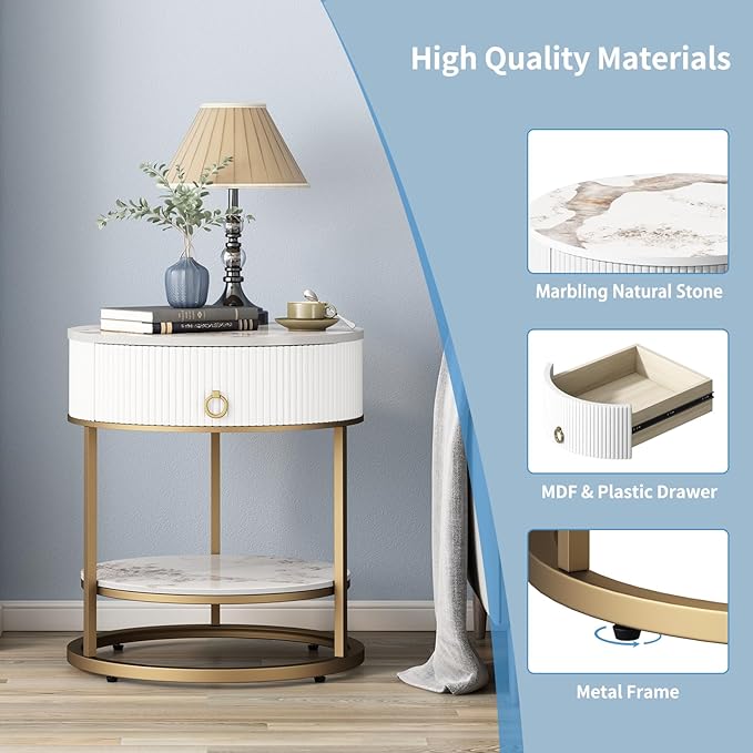 OIOG Round Side Table with Drawer, 2 Tier Night Stand with Shelf, Modern Side Table with Gold Legs for Living Room, Bedroom, Dorm, Marbling Natural Stone/Gold