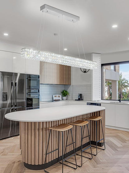 W48 Modern Rectangular Crystal Chandeliers Dining Room Chandelier,Silver Pendant Light Fixture with Remote Control for Living Room Kitchen Island