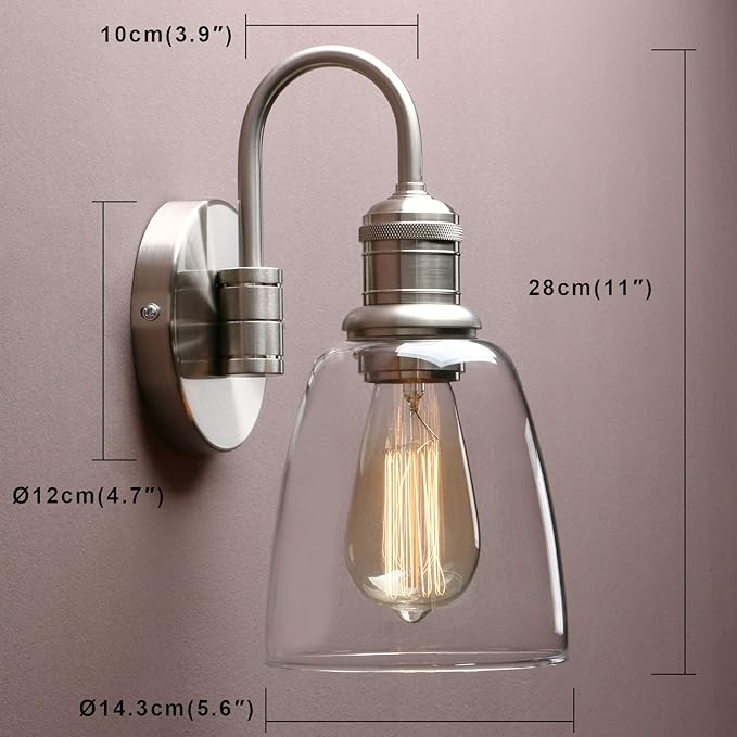 Yosoan 1-Light Brass Modern Vintage Indoor Wall Sconce, Vanity Single Luxury Hardwired Retro Textured Clear Oval Cone Glass Shade with Industrial Gooseneck Curved Rod Bathroom Lamp(Brushed)
