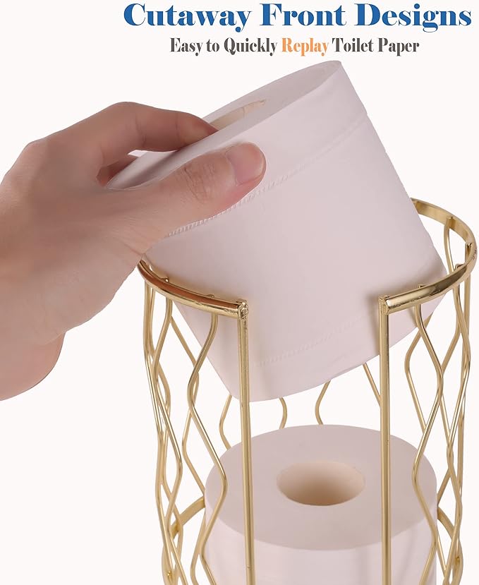 Decorative Metal Standing Toilet Tissue Holder for Bathroom/Powder Room, Compact Tissue Reserve for 3 Rolls of Toilet Paper Gold