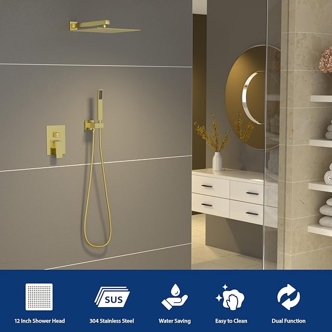 Sarlai Shower System Bathroom Faucet Set Square Rainfall Shower Head and Handle Combo Wall Mounted Shower Faucet with Valve 12 Inch Shower Head Trim Systems Gold Brushed