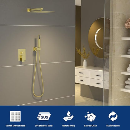 Sarlai Shower System Bathroom Faucet Set Square Rainfall Shower Head and Handle Combo Wall Mounted Shower Faucet with Valve 12 Inch Shower Head Trim Systems Gold Brushed
