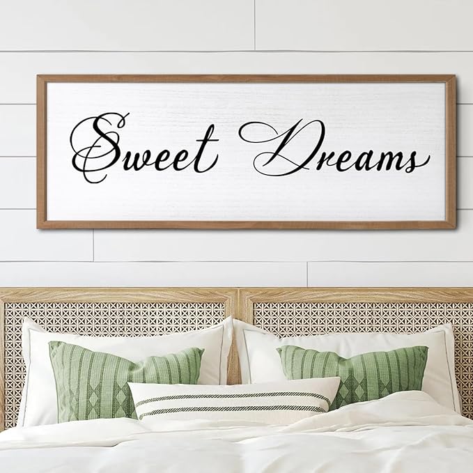 Sweet Dreams Wall Decor Above Bed 32x12 Inch Large Master Bedroom Hanging Wood Rustic Framed Farmhouse Sweet Dreams Sign Guest Room Aesthetic And Minimalist Over Bed Wall Art（Wood White）