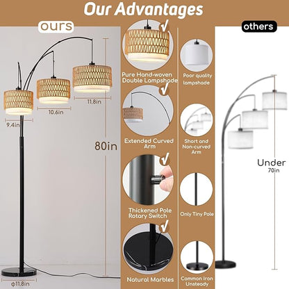 Rattan Floor Lamp for Living Room, 80 Inch Tall Boho Floor Lamp with Rotary Switch, 3 Lights Arc Lamp with Wicker Shade for Coastal,Bohemian,Tree Farmhouse Standing Lamp