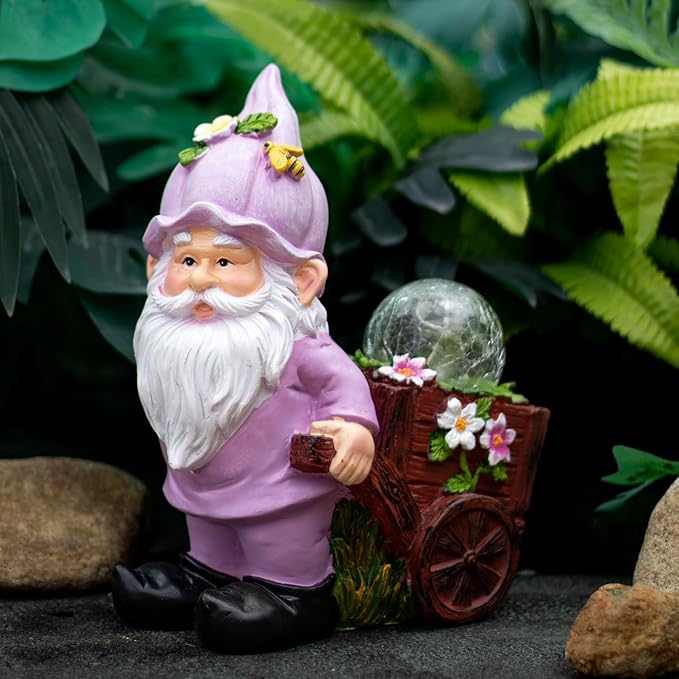 Solar Garden Gnome Statue with Crackle Glass Globe Lights, Waterproof Outdoor Decor for Patio, Lawn, or Yard, Whimsical Housewarming Gift(Pink Gnomes)