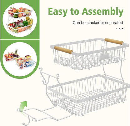 2 Tier Fruit Basket for Kitchen Counter with 2 Banana Hangers, Countertop Metal Fruit Bowl with Wooden Handle, Large Storage Stand for Vegetables, Snacks, Breads, Produce Storage – White