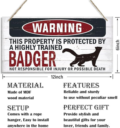 Warning Sign, Badger Warning Wood Plaque Sign, Funny Door Signs, Decorative Wood Hanging Suspension Plaque, Farmhouse Wooden Wall Decor, Outdoor Hanging Wooden Signs