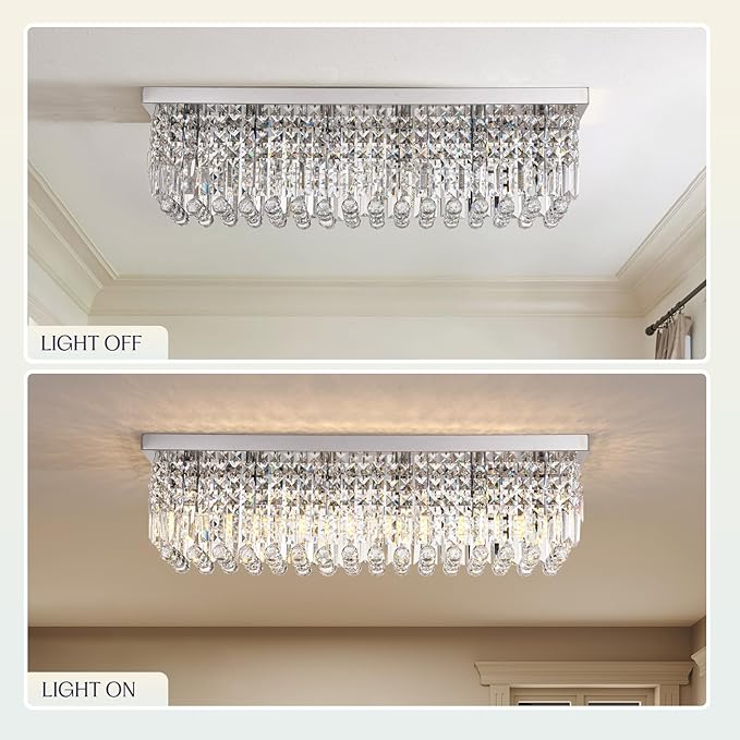 Rectangular Chandelier, Flush Mount Rectangle Chandelier Modern K9 Crystal Chandeliers Light Fixture, 6-Lights Raindrop Crystal Pendant Ceiling Light for Dining Room Bedroom Bar Club L31.5 Inch