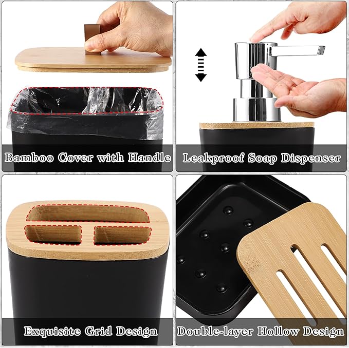 Black Bathroom Accessories Sets Complete with Shower Curtain, 24 PCS Bathroom Set with Trash Can,Toothbrush Holder,Toothbrush Cup,Soap Dispenser,Soap Dish,Toilet Brush,Tray and Qtip Holder