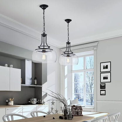 WUZUPS Chandelier Rustic Farmhouse Industrial Round Ceiling Pendant LED Light Fixture with Clear Glass Shades for Dining Room Kitchen Island Foyer Entryway, H 17" x W 13.4", E26 Base, Black